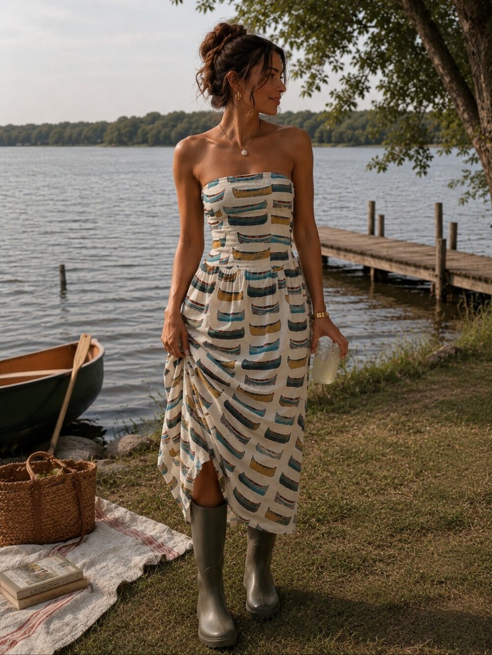 NWT! Anthropologie Celadine Linen Drop Waist Strapless Canoe Print Maxi Dress